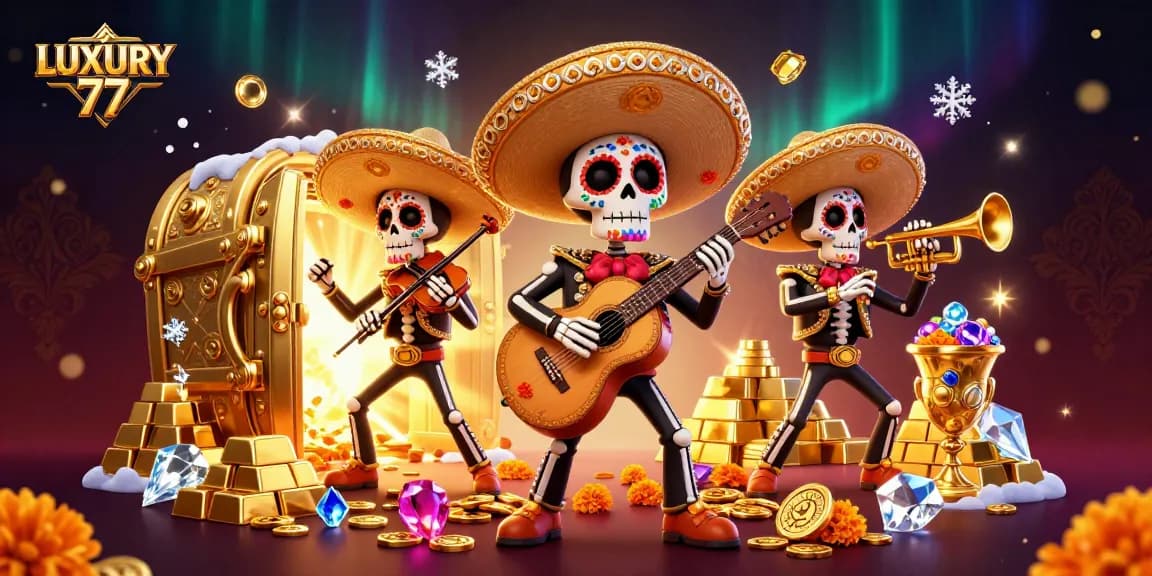 LUXURY 77 vibrant 3D casino scene with mariachi skeletons among gold and gems, evoking excitement for gamers.