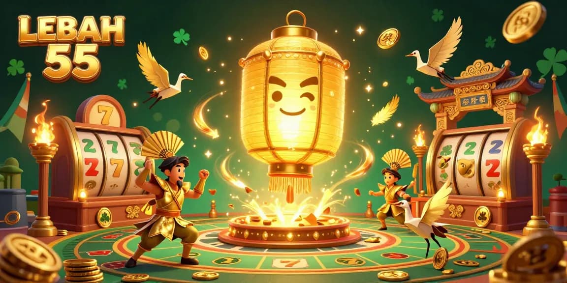 Engage in thrilling gameplay adventures at LEBAH 55, showcasing a vibrant casino atmosphere with dynamic slot reels.