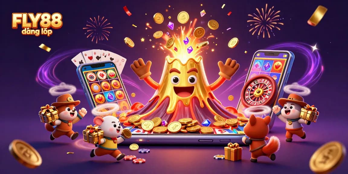 Join the excitement at FLY88 đăng nhập with treasures erupting from a golden volcano in a dynamic gaming scene.