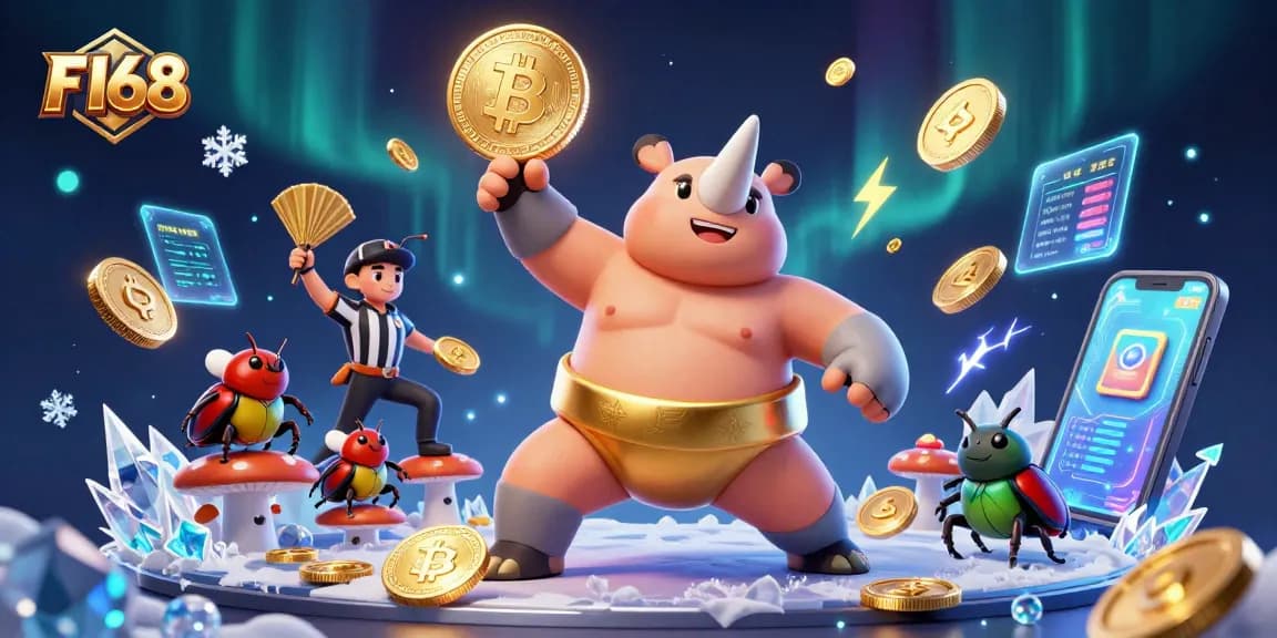 Engage in thrilling wins at F168 with a vibrant 3D scene of a beetle champion amidst glimmering crypto coins.