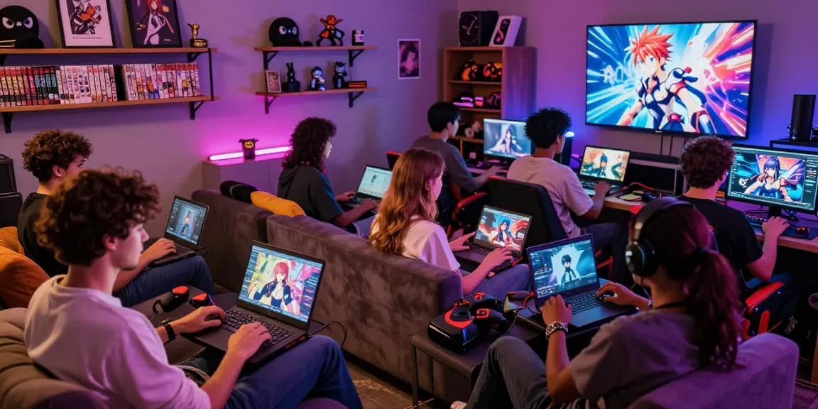 Engaged gamers exploring hentai games in a vibrant gaming lounge.