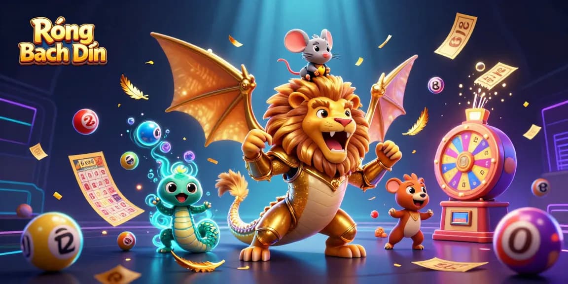 Engaging lottery scene featuring Rồng Bạch Kim, a chimera creature amidst colorful bouncing balls and sparkling visuals.