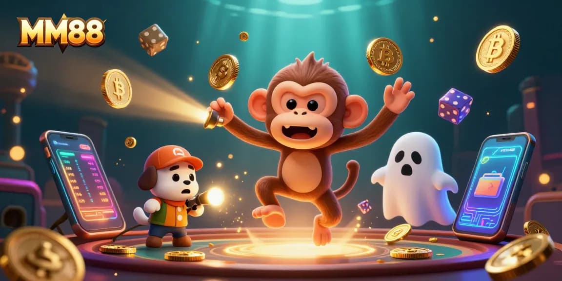 Experience the thrill of MM88 with a mischievous ghost monkey juggling casino tokens amidst digital cryptocurrency elements