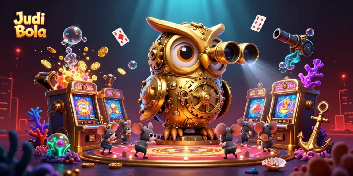 Engage in Judi Bola with a dynamic scene of a golden owl analyzing a festive casino floor.