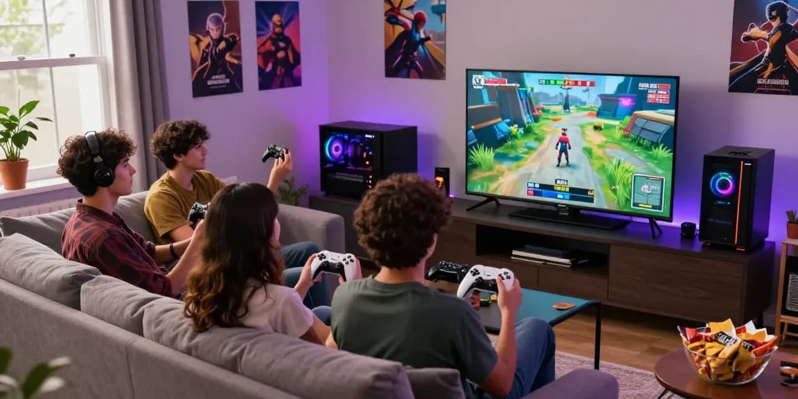 Dramawave gaming experience with friends enjoying modded games in a vibrant living room setting, showcasing engagement and fun.