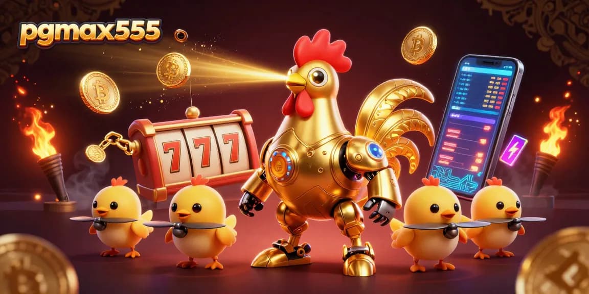 เล่นเกมสล็อตกับ pgmax555 โดยมีหุ่นยนต์ไก่ทองคำและโดรนลูกเจี๊ยบในภาพที่น่าตื่นเต้น