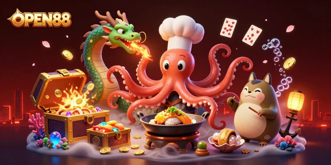 Experience the excitement of OPEN88 with vibrant casino elements in this 3D cartoon illustration.