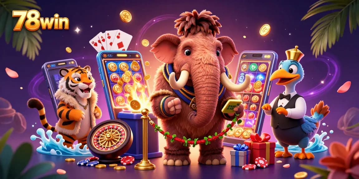Engage with 78win's vibrant casino atmosphere featuring characters and game elements.