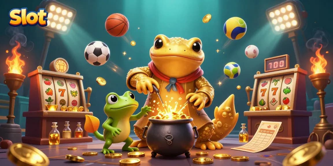 Spin the slot reels with a dynamic scene of a golden salamander alchemist surrounded by gold coins and sports symbols.
