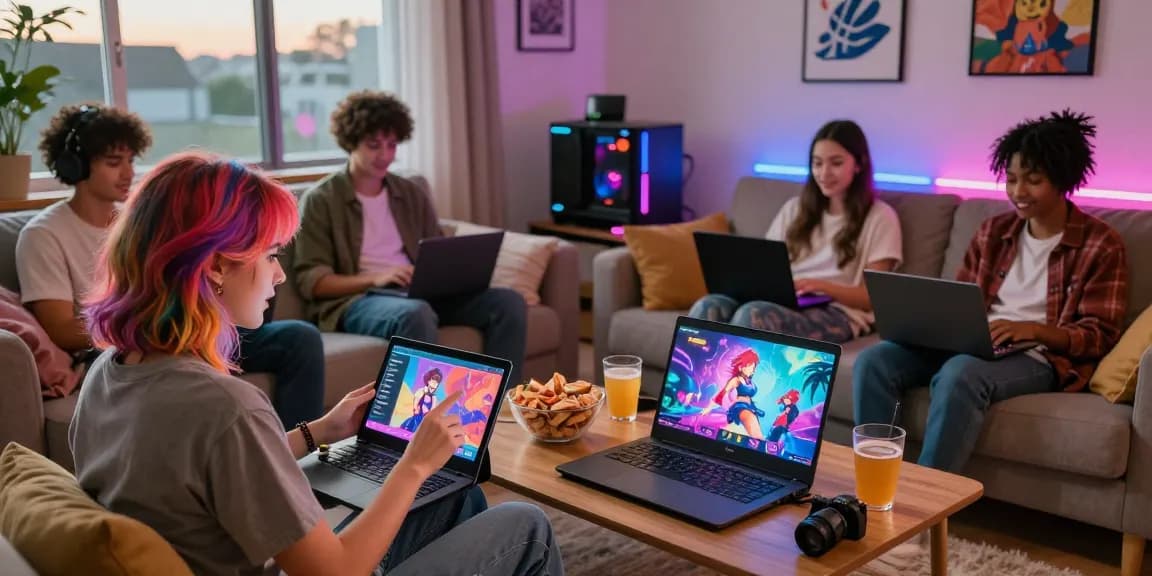 Young adults enjoying interactive hentai games together in a cozy living room atmosphere.