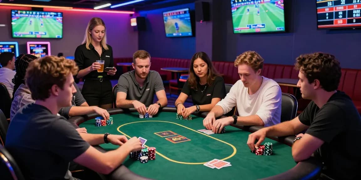 Exciting poker game scene at 123b com casino, diverse players engaged with chips and cards.