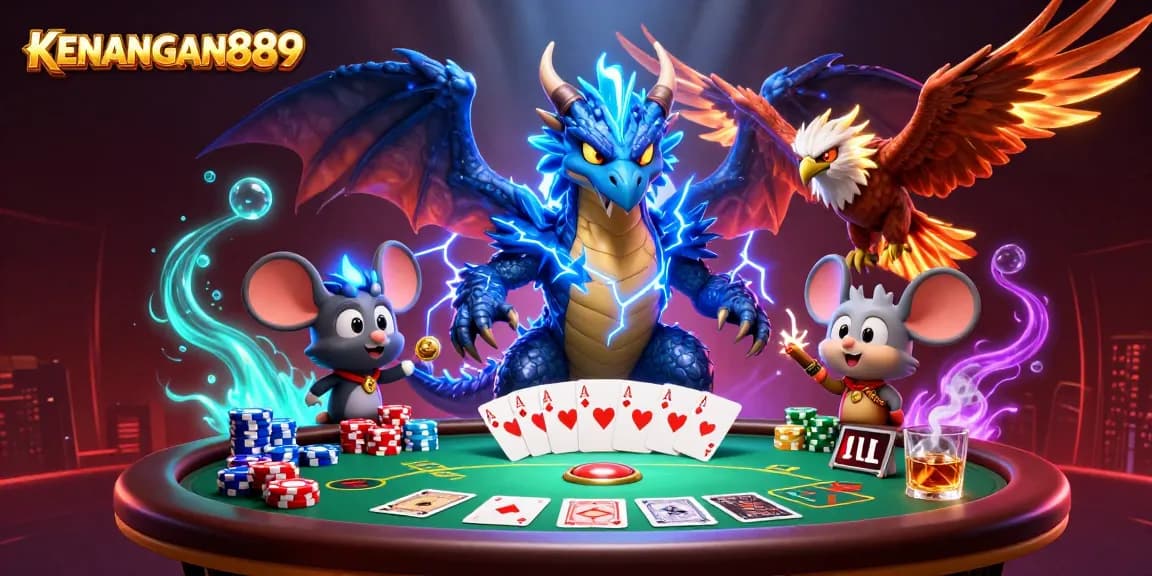 Play thrilling poker at KENANGAN889 with dynamic 3D characters and vibrant casino elements.