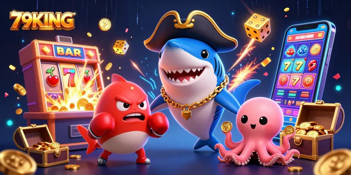 Engage with the fun on 79KING, showcasing a vibrant 3D casino scene with colorful characters and casino elements.