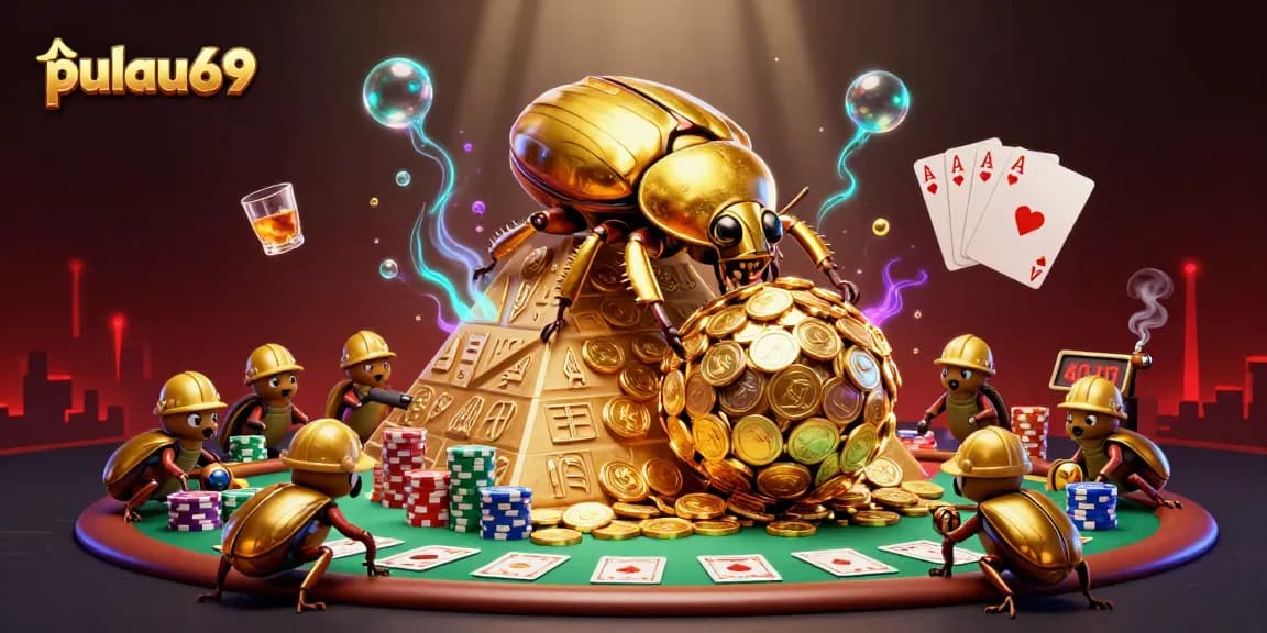 Join the excitement at pulau69 with a vibrant 3D casino scene showcasing gold coins and poker elements.