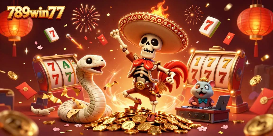 Experience thrilling wins at 789win77 with vibrant, action-packed 3D casino characters celebrating amidst golden coins.