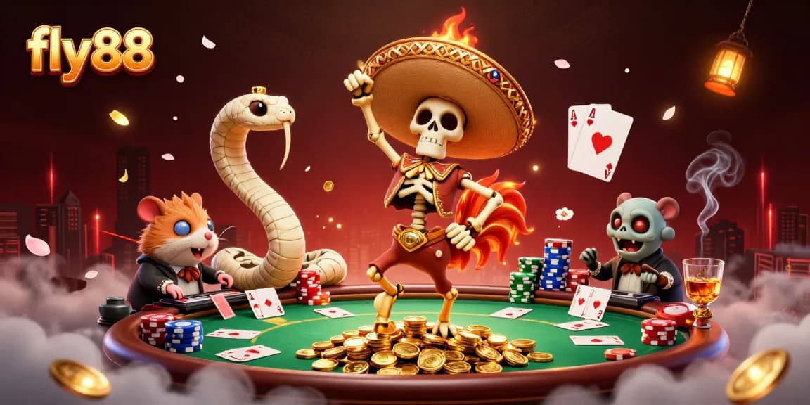 Win big at fly88 with vibrant casino characters celebrating amidst gold coins and poker action.