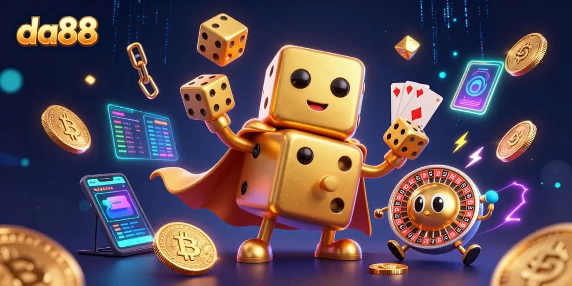 da88 features an energetic casino character illustration with golden dice and crypto elements