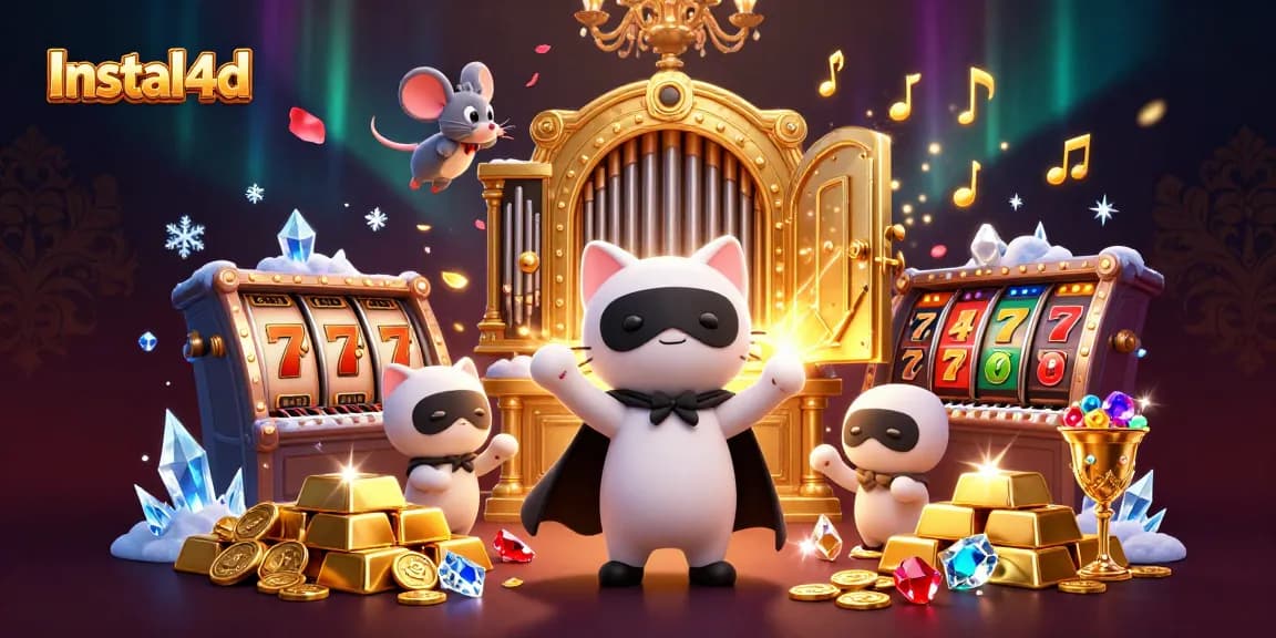 Play exciting slots with Instal4d's vibrant casino imagery featuring characters and treasures.