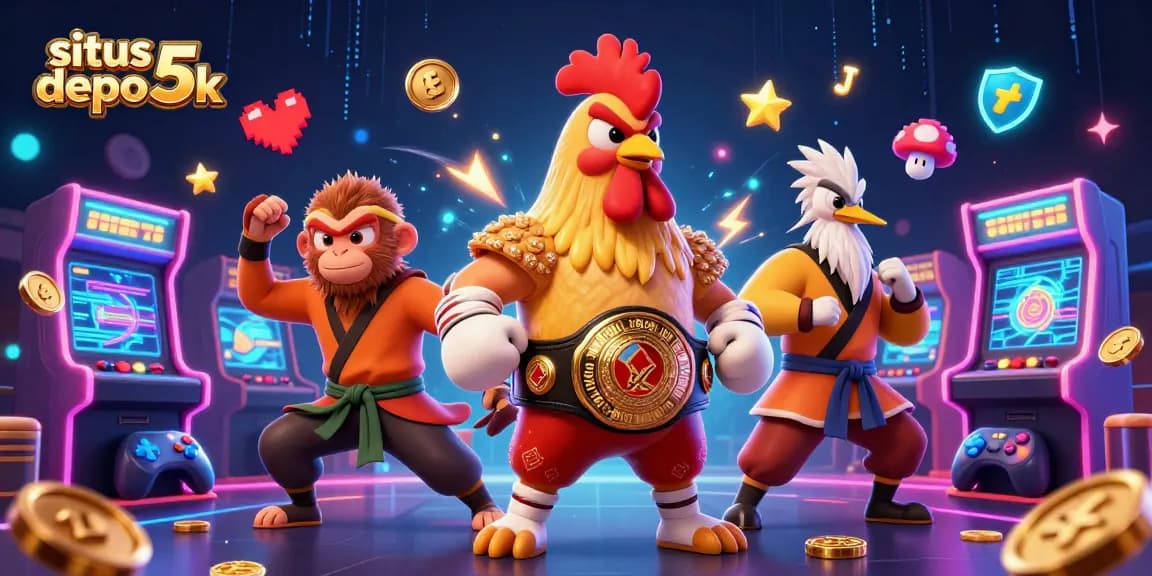 Engage in thrilling wins at situs depo 5k, featuring vibrant cartoon characters and dynamic casino elements.