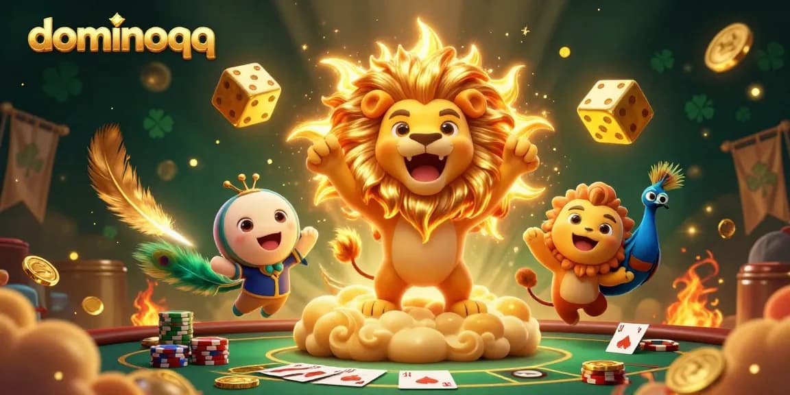 Play dominoqq at a vibrant poker scene featuring a 3D lion with golden dice and dynamic gaming elements.