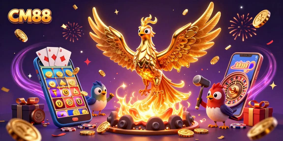 Experience the excitement at CM88 with dynamic casino games, golden symbols, and vibrant action!