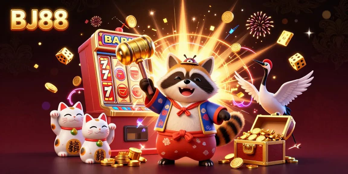 BJ88 offers an exciting casino experience with a cheerful tanuki and vibrant game elements in a 3D scene.