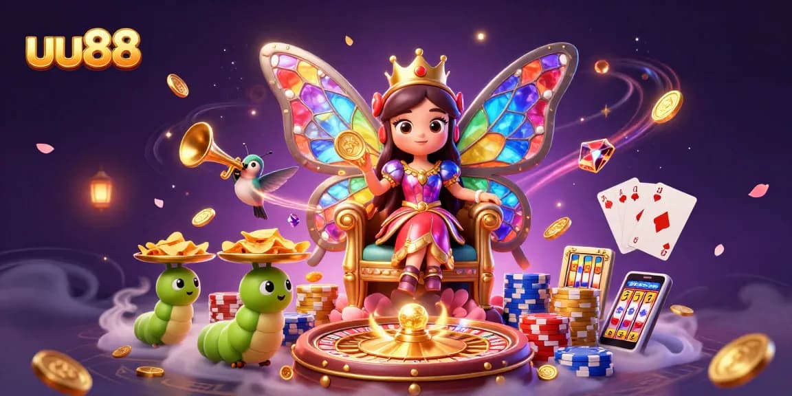Experience the thrill of gaming at uu88 with enchanting visuals of a butterfly queen in a vibrant casino world.