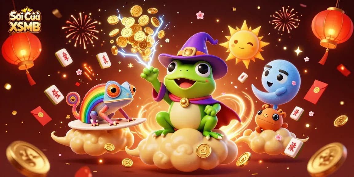 Soi Cầu XSMB interpretation with wizard frog, chameleon, and celebratory elements in a vibrant casino scene.