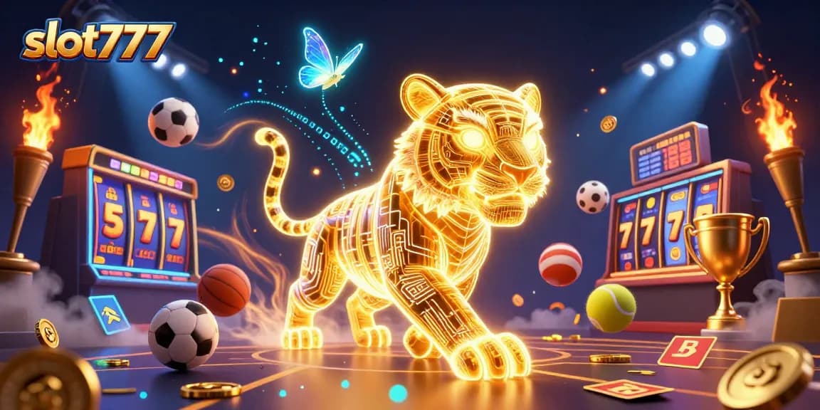 Engage in thrilling gameplay with slot777's neon-lit casino adventure featuring golden tigers and sports elements.