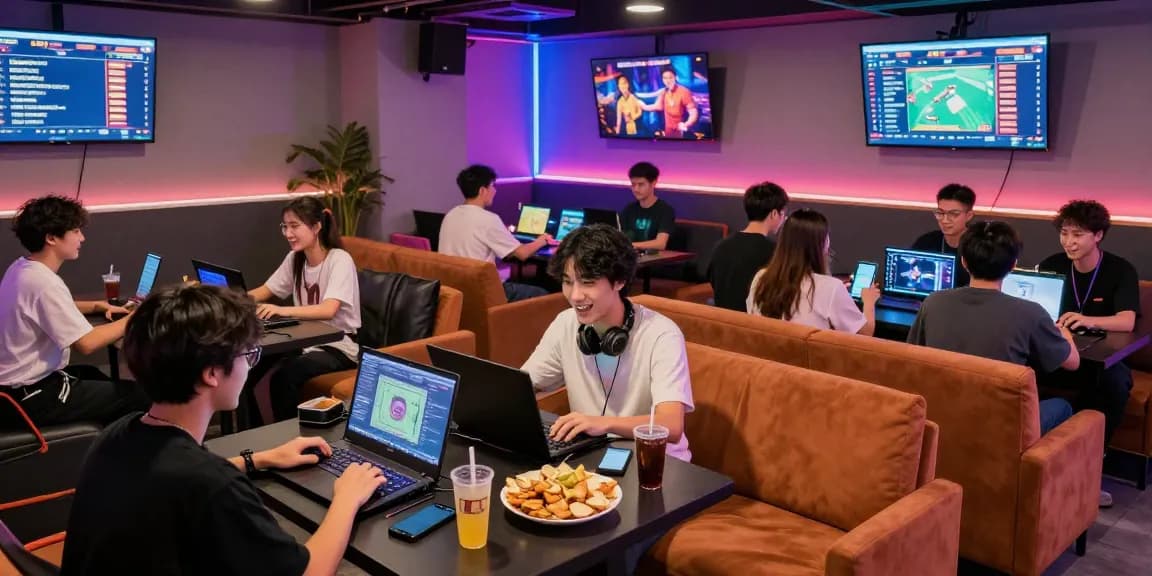 Exciting game bài đổi thưởng scene in a modern gaming lounge with players engaged.