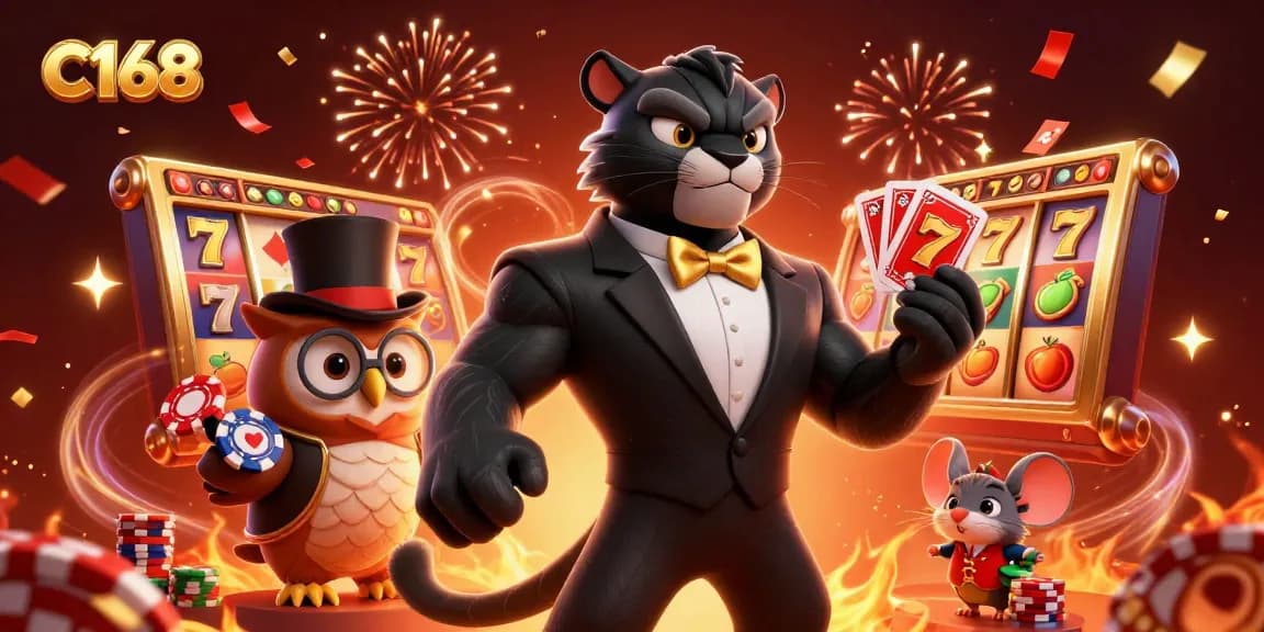 Experience the magic of C168 as a stylish panther deals cards amidst vibrant casino elements.