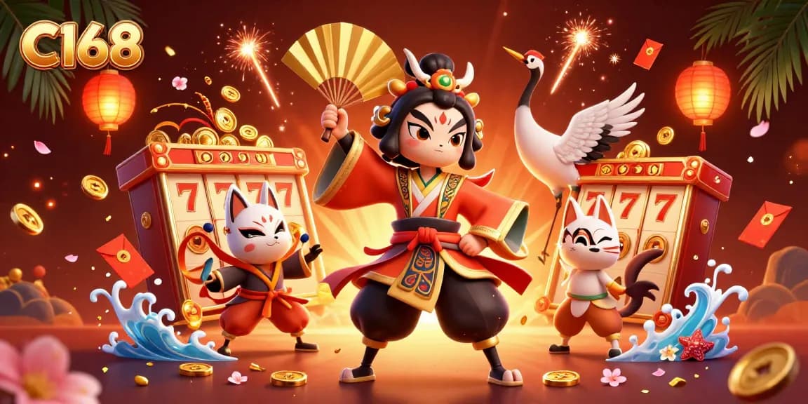 C168 features a cartoon kabuki warrior and kitsune mask in a vibrant casino scene, celebrating with slot reels.