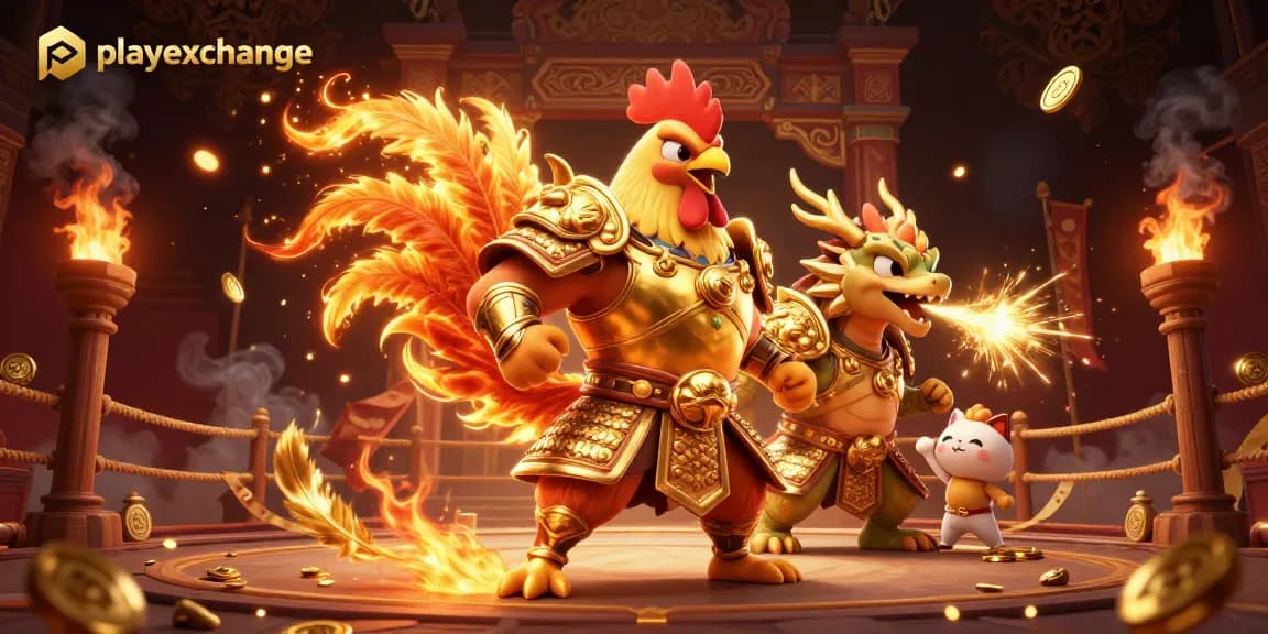 Playexchange thrilling gaming scene with a fighting rooster, dragon hatchling, and fortune cat in an ornate arena
