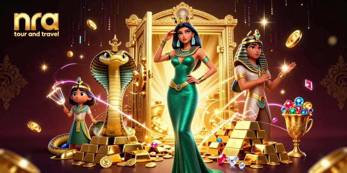 Engage with nra tour and travel in a vibrant 3D casino scene filled with treasures and energy.