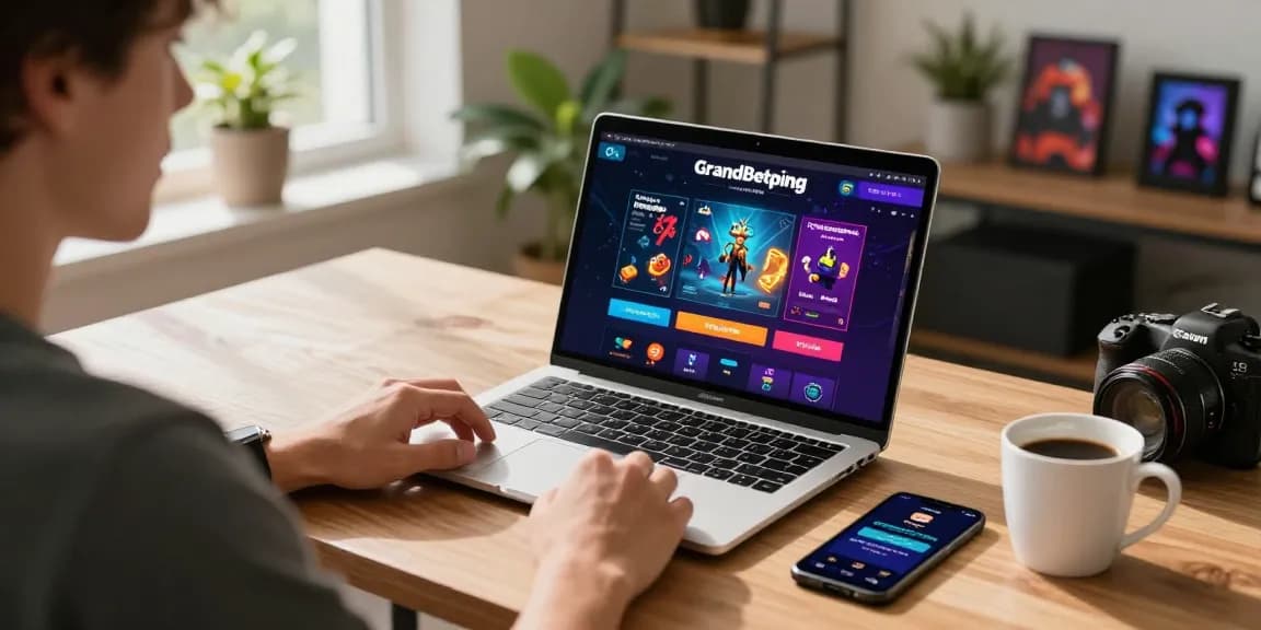 Player accessing Grandbetting online platform in a stylish home office.