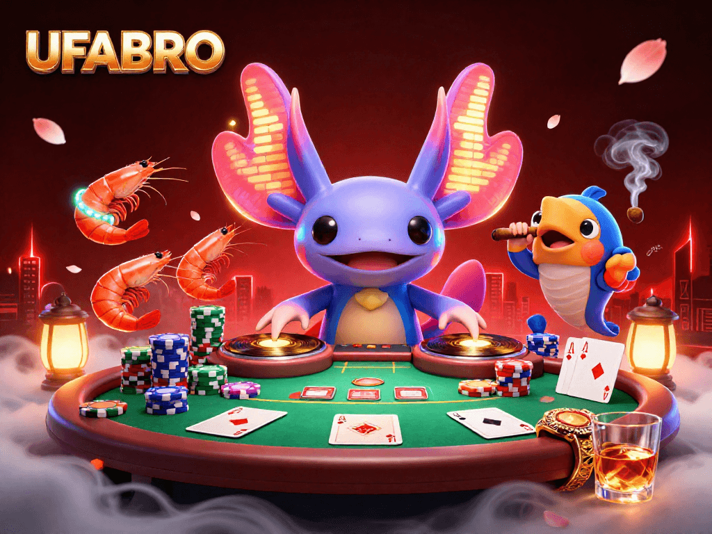 Play with UFABRO's animated casino scene featuring a vibrant axolotl DJ and poker action.