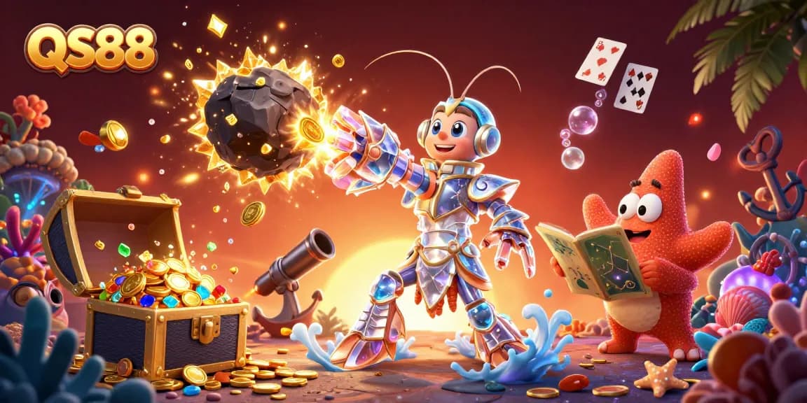 Experience the excitement of QS88 with vibrant, engaging gambling characters in a dynamic casino scene.