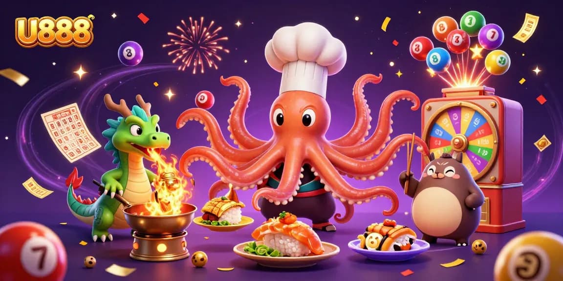 Engage in thrilling gameplay with U888's fun lottery scene featuring animated characters.