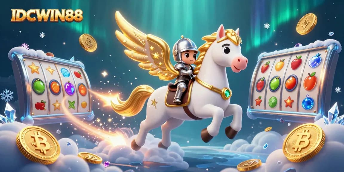 Experience thrilling jackpots at IDCWIN88 with a vibrant scene of slots surrounded by golden coins and mystical elements.