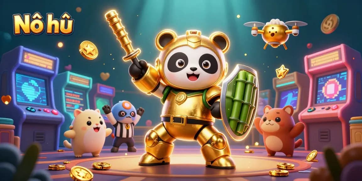 Nổ hũ gaming scene showcasing a golden panda character in a vibrant slot arena, engaging with dynamic game elements.
