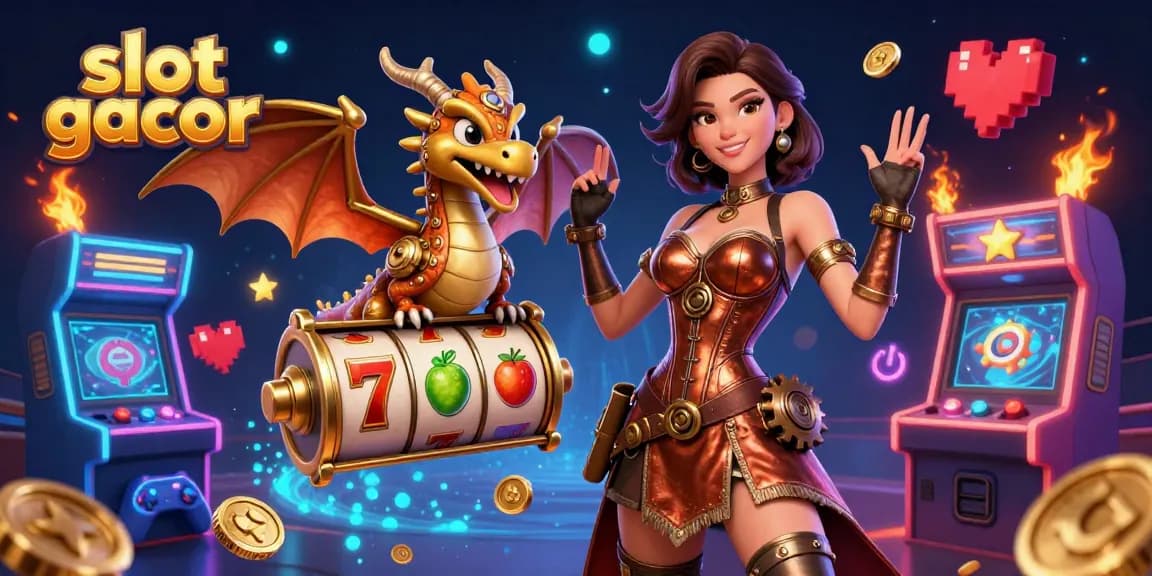 Terlibat dengan kegembiraan slot gacor dalam ilustrasi kasino 3D dinamis ini yang menunjukkan elemen permainan dan karakter yang cerah.