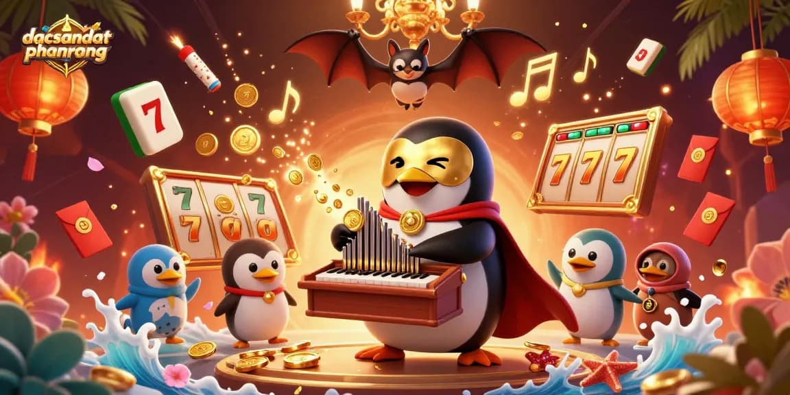 dacsandatphanrang showcases an exciting casino scene featuring a playful penguin and dynamic slot elements.