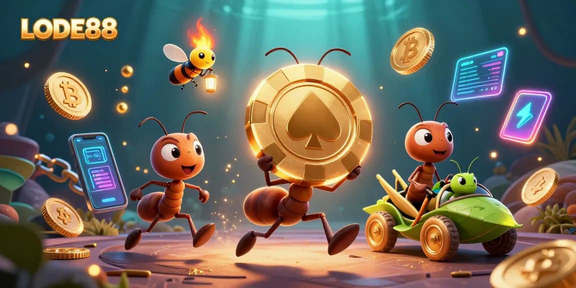 Join the heist at LODE88 as ants steal a giant poker chip through a dynamic crypto tunnel.