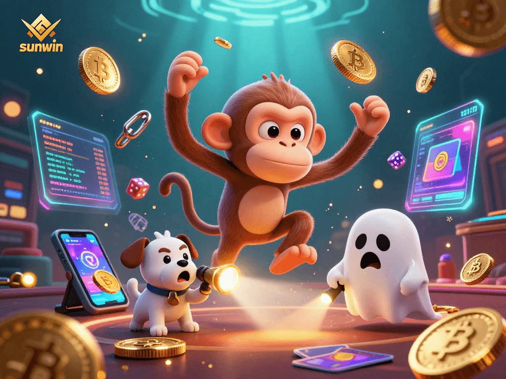 Engage with exciting sunwin experiences while tracking a mischievous monkey in a vibrant casino scene.