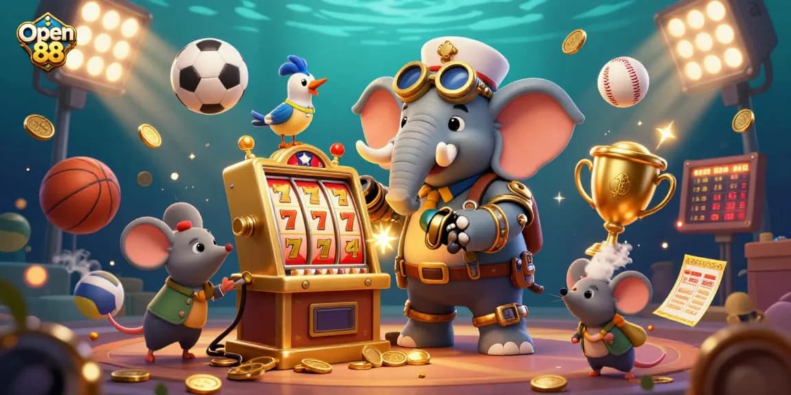 Play and win big with Open 88 in a vibrant steampunk casino scene filled with dynamic game elements.