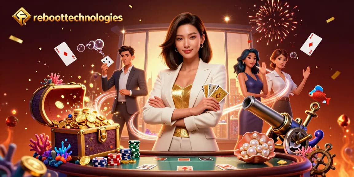 Experience the elegance of reboottechnologies as a powerful businesswoman engages in poker, surrounded by celebratory elements.