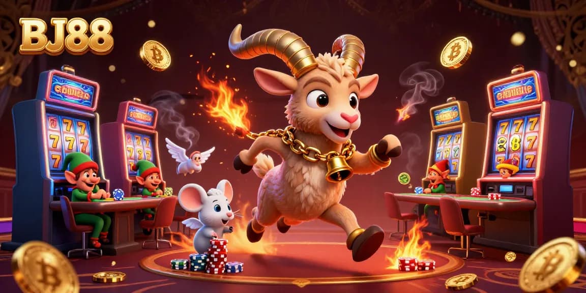 BJ88 Casino scene with playful characters engaging in festive gaming activities, showcasing delightful chaos.