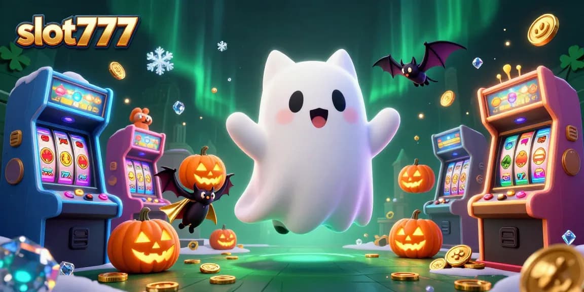 Spin and win at slot777 with a playful ghost cat and glowing slot machines at a haunted casino.