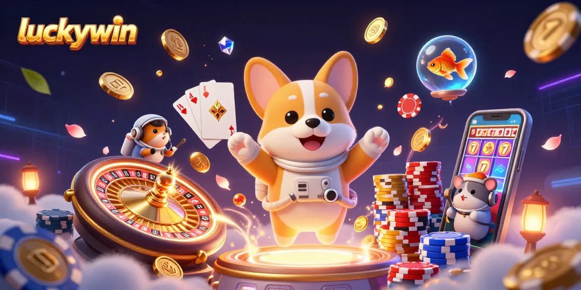 Experience the excitement of luckywin as a corgi astronaut plays in a space casino, surrounded by floating poker chips and golden coins.