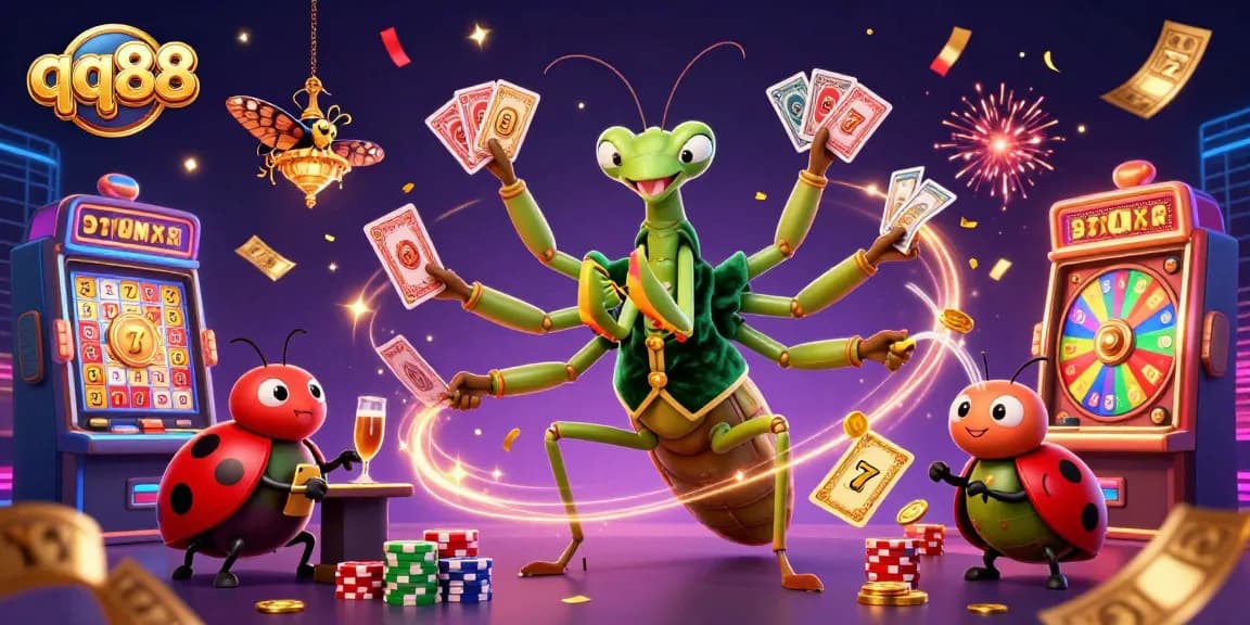 qq88's 3D cartoon characters engage in dynamic gambling activities with slot reels and vibrant casino elements.